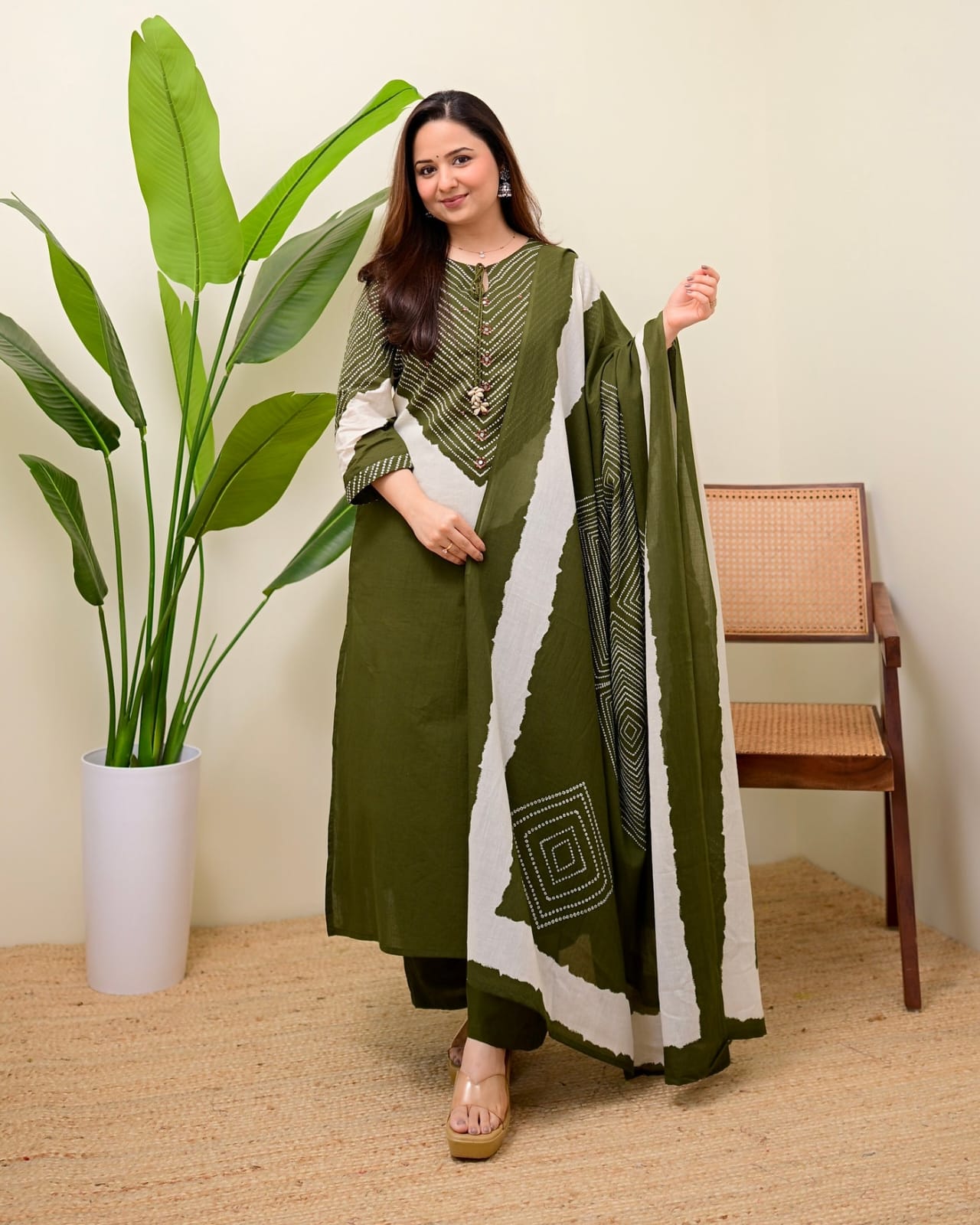 elegant olive green printed kurta set with dupatta