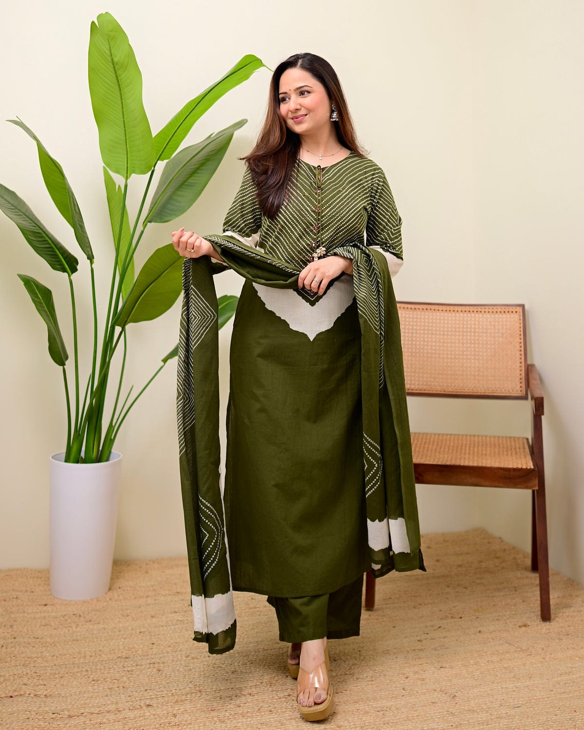 elegant olive green printed kurta set with dupatta