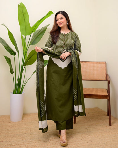 Elegant Olive Green Printed Kurta Set with Dupatta