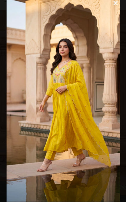 Yellow Embroidered Anarkali Suit Set