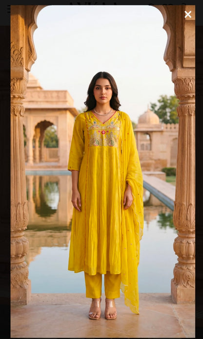 Yellow Embroidered Anarkali Suit Set