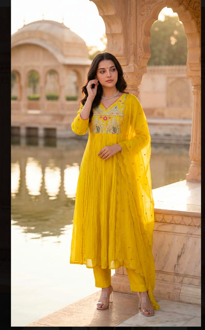 Yellow Embroidered Anarkali Suit Set