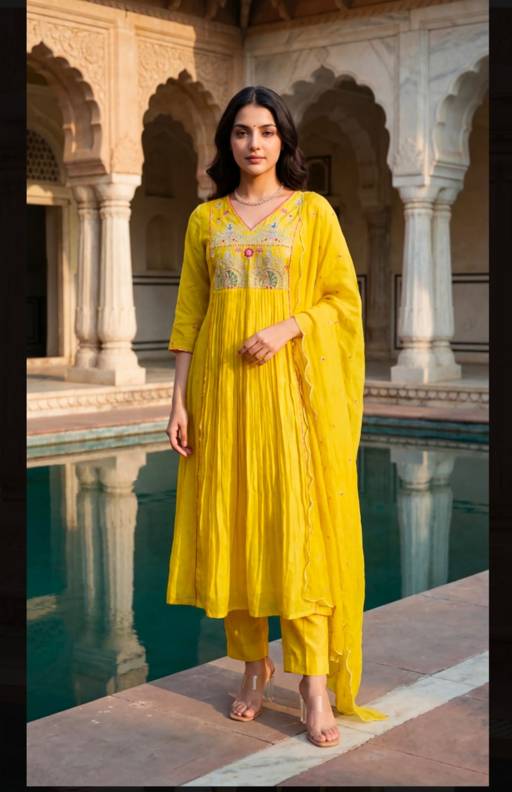 yellow embroidered anarkali suit set