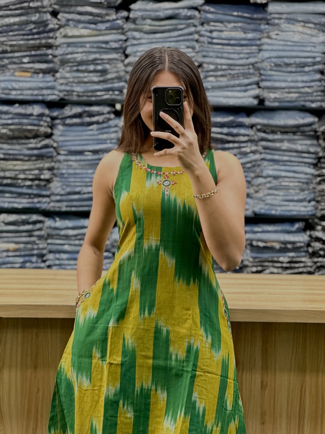 vibrant green & mustard ikat sleeveless kurta set