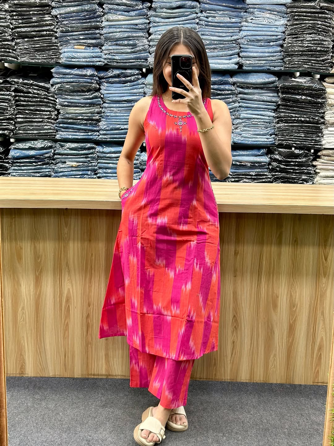 bold pink & coral ikat sleeveless kurta set