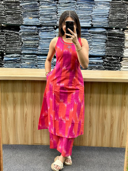 Bold Pink & Coral Ikat Sleeveless Kurta Set