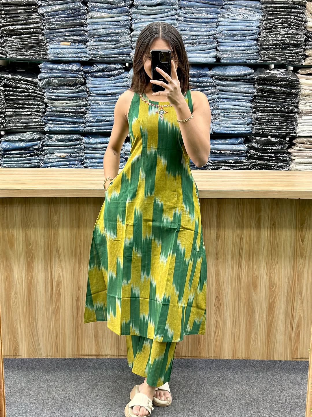 vibrant green & mustard ikat sleeveless kurta set