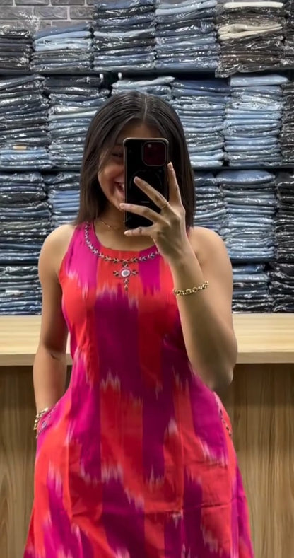 Bold Pink & Coral Ikat Sleeveless Kurta Set