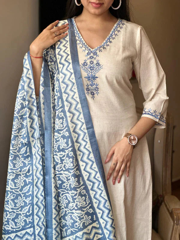 white cotton suit with blue embroidery and printed dupatta