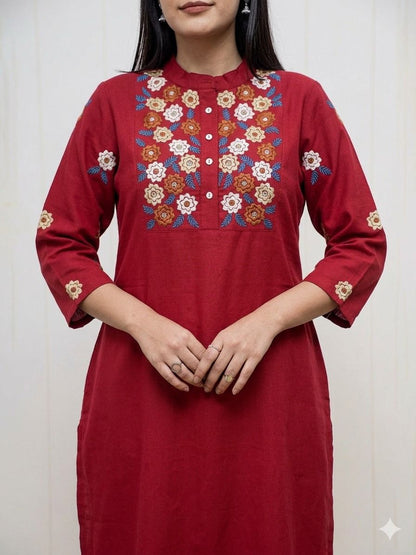 Maroon Floral Embroidered Kurta Pant Set