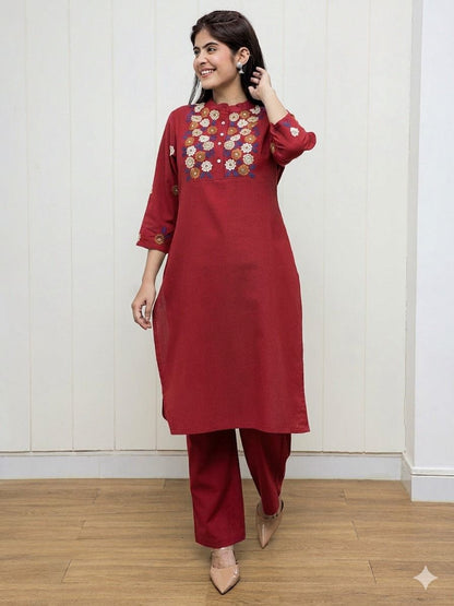 Maroon Floral Embroidered Kurta Pant Set