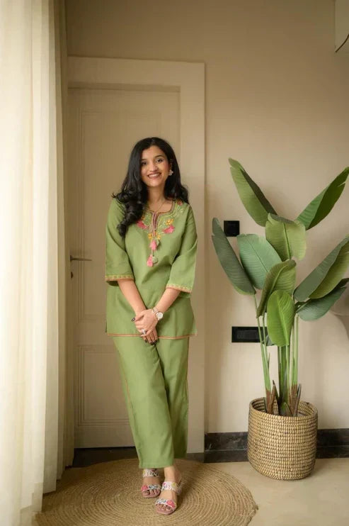olive green floral embroidered kurta co-ord set with tassel detailing