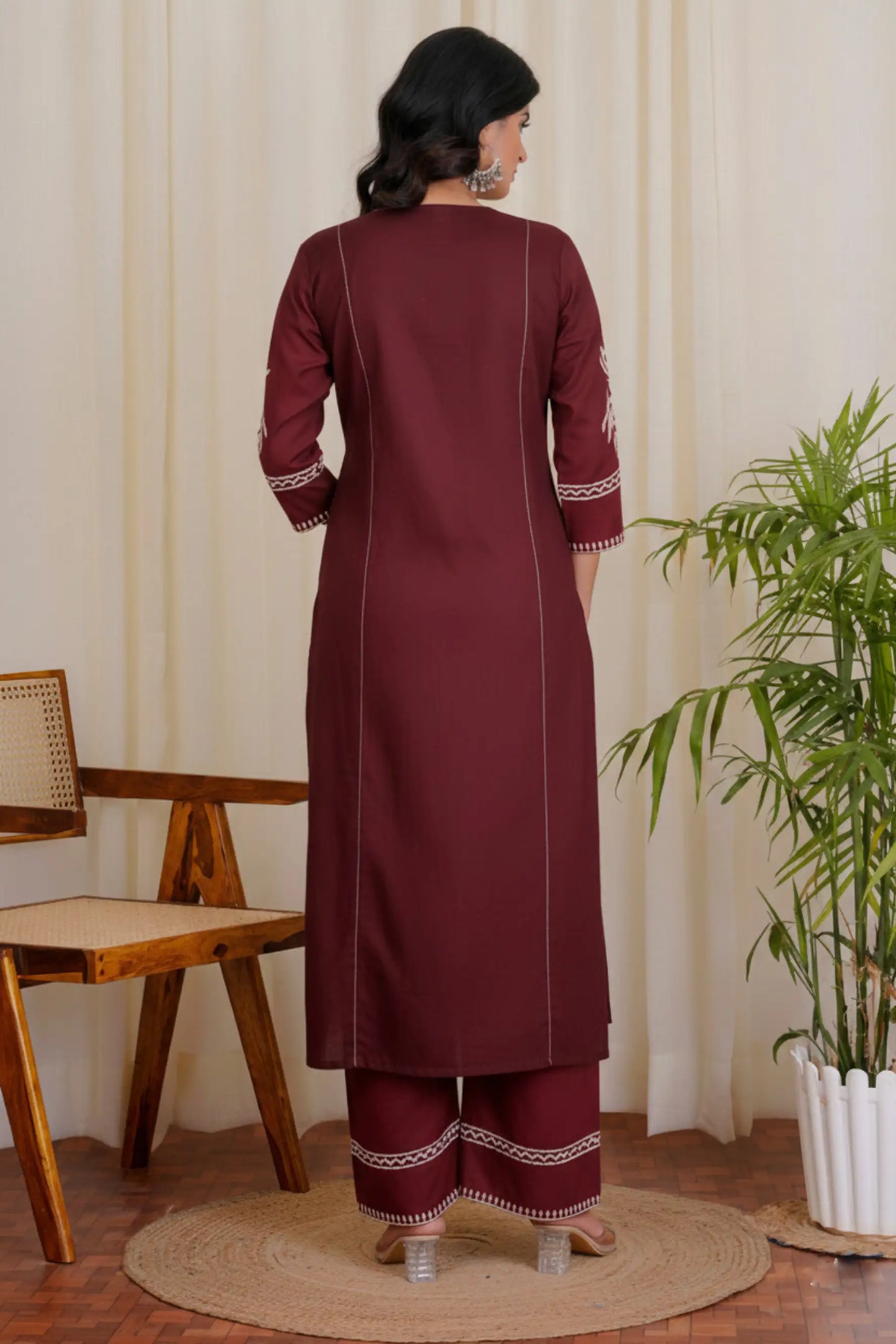 wine maroon embroidered kurta palazzo set