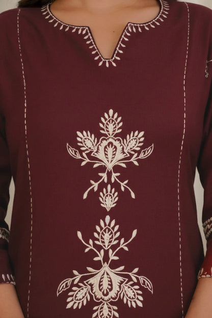 Wine Maroon Embroidered Kurta Palazzo Set