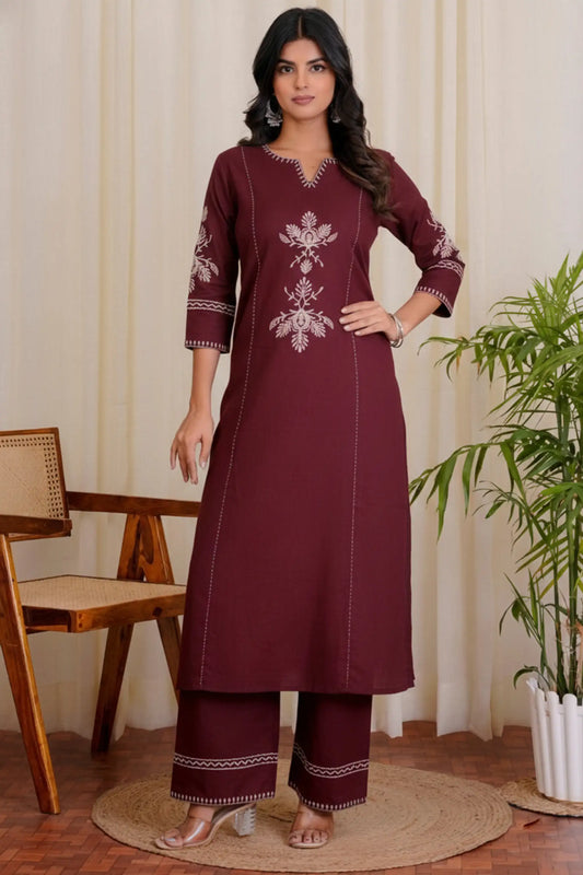 Wine Maroon Embroidered Kurta Palazzo Set